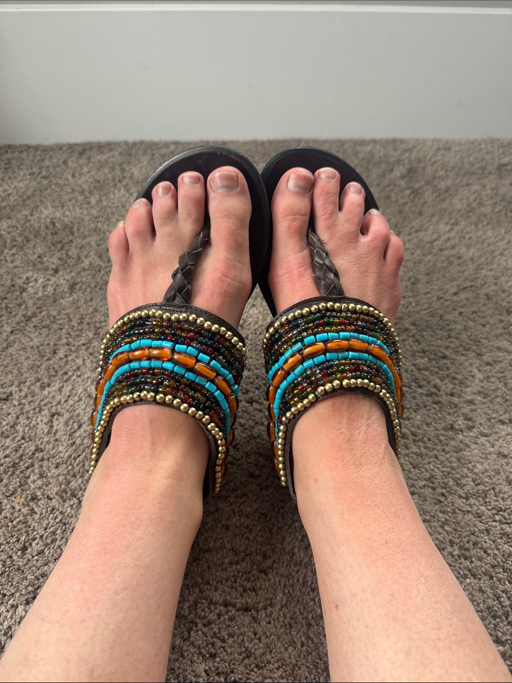 Steve Madden Multicolor Beaded Slide Sandals - Turquoise, Orange & Gold